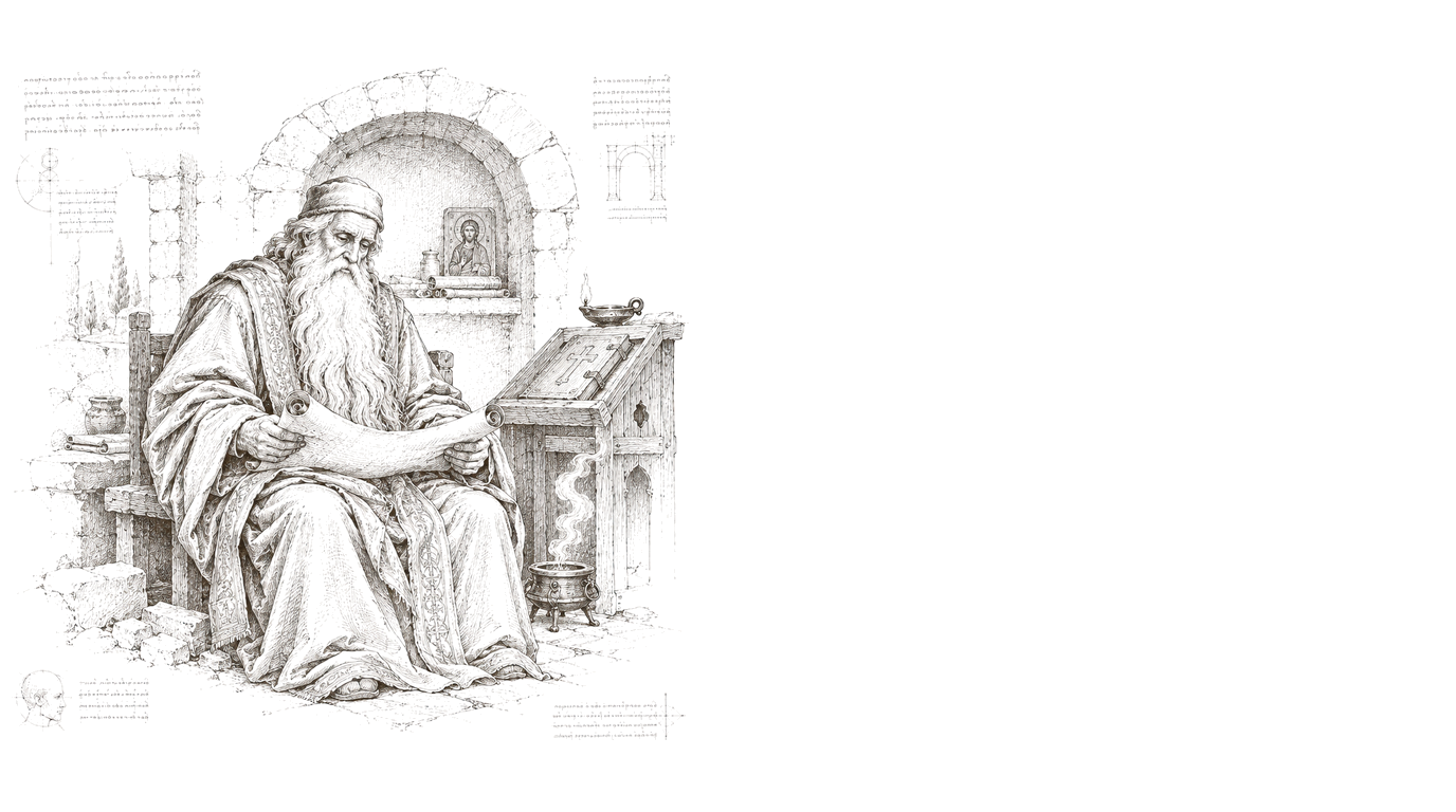 Sketch of the bearded Oracle with a magnificent braided beard in his Byzantine study