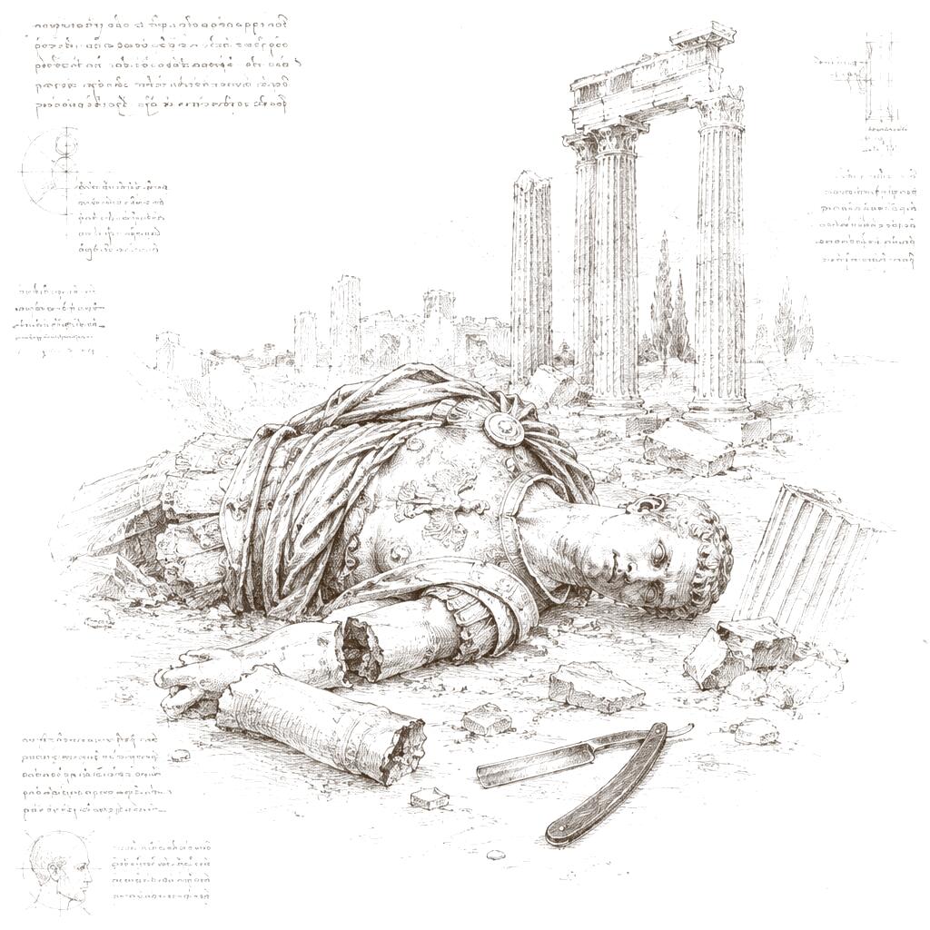 Sketch of a fallen clean-shaven Roman statue beside a razor